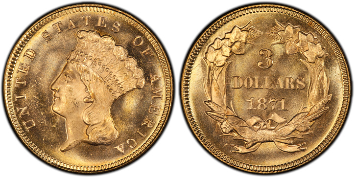1871 Three-Dollar Gold Piece. MS-67 (PCGS).